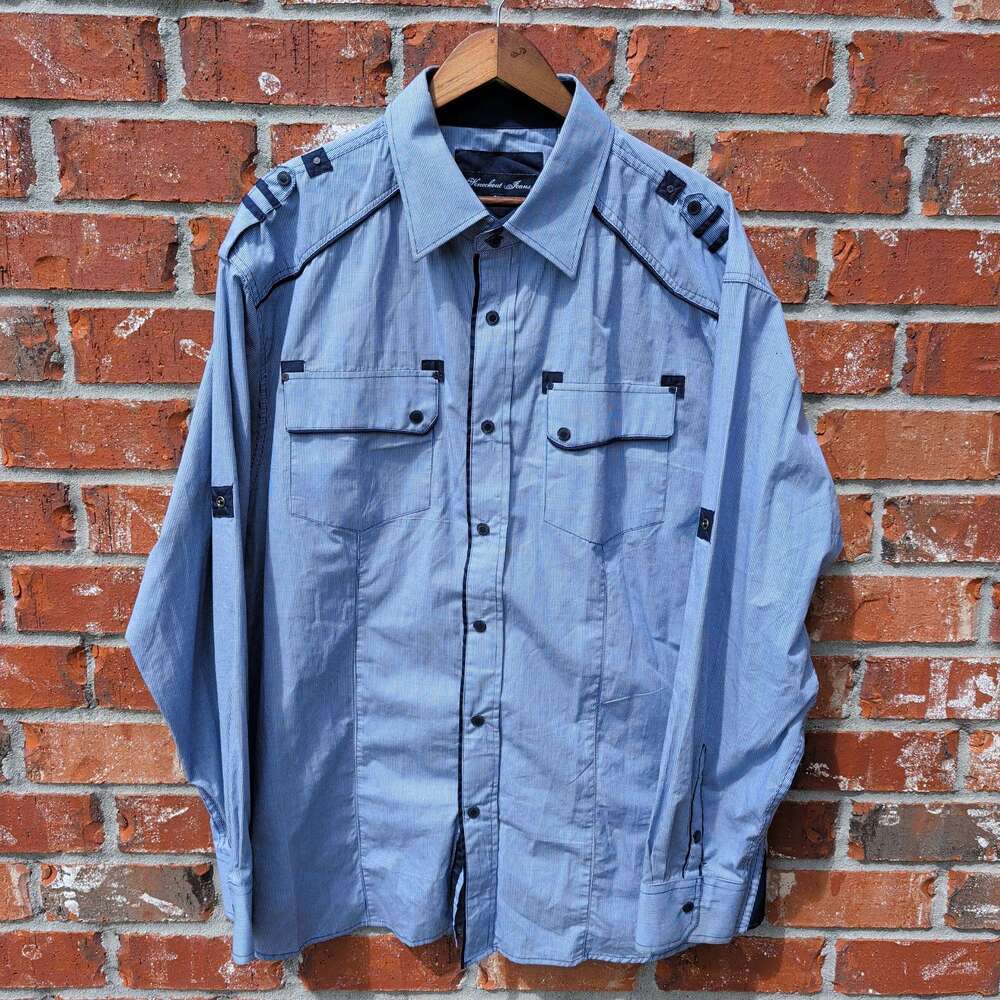 Knockout Jeans Shirt Mens 2X Blue Gingham Epaulet Snap Front Long Sleeve